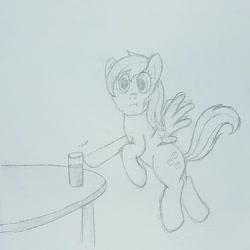 Size: 1687x1687 | Tagged: safe, artist:sollace, derpy hooves, pony, :t, chocolate, chocolate milk, flying, glass, looking at you, milk, monochrome, simple background, sketch, solo, sound effects, table, this will end in tears