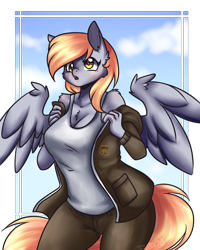 Size: 1600x2000 | Tagged: safe, artist:teeeluh, derpy hooves, anthro, chest fluff, clothes, pants, solo, spread wings, tanktop, uniform