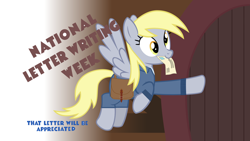 Size: 1920x1080 | Tagged: safe, artist:thewastelandtrader, derpy hooves, ditzy doo, pegasus, pony, fallout equestria, gradient background, letter, mailbag, mailmare, outfit, saddle bag, solo, text