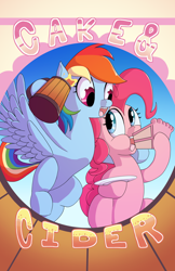 Size: 1024x1583 | Tagged: safe, artist:princrim, derpibooru import, pinkie pie, rainbow dash, earth pony, pegasus, pony, cake, cider, cider mug, duo, looking at each other, mug, plate