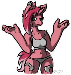 Size: 3707x3914 | Tagged: safe, artist:slitherkitty, oc, oc only, oc:labret, anthro, unicorn, anthro oc, clothes, looking at you, panties, shrug, shrugpony, solo, underwear, wide hips