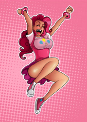 Size: 3600x5026 | Tagged: safe, artist:darkereve, artist:mesiasart, pinkie pie, human, bracelet, breasts, clothes, converse, eyes closed, female, humanized, jumping, pinkie pies, schrödinger's pantsu, shoes, skirt, solo, strategically covered, underbust