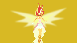 Size: 3840x2160 | Tagged: safe, artist:toastybrownpotatoes, sunset shimmer, equestria girls, friendship games, 4k resolution, clothes, daydream shimmer, dress, female, horn, lineless, magical girl, minimalist, simple background, solo, vector, wings, yellow background