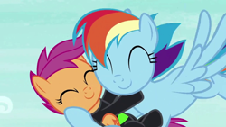 Size: 1280x720 | Tagged: safe, derpibooru import, screencap, rainbow dash, scootaloo, pegasus, pony, the washouts (episode), best pony, clothes, cute, cutealoo, dashabetes, duo, eyes closed, female, filly, foal, heartwarming, mare, pint-sized dynamite, scootalove, uniform, washouts uniform