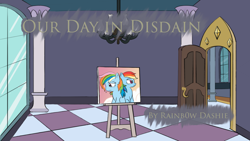 Size: 1920x1080 | Tagged: safe, artist:rainb0wdashie, derpibooru import, rainbow dash, oc, oc:dashie, pegasus, pony, canterlot castle interior, easel, fanfic art, fanfic cover, painting