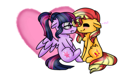 Size: 1024x652 | Tagged: safe, artist:clairedaartiste444, sci-twi, sunset shimmer, twilight sparkle, twilight sparkle (alicorn), alicorn, pony, boop, equestria girls ponified, eyes closed, female, heart, lesbian, noseboop, ponified, scitwilicorn, scitwishimmer, shipping, simple background, sunsetsparkle