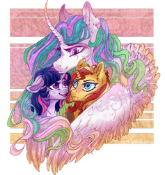 Size: 1024x1079 | Tagged: safe, artist:castaspellliana, princess celestia, sunset shimmer, twilight sparkle, alicorn, pony, group hug, hug, momlestia, simple background, transparent background, winghug