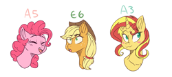 Size: 2437x1105 | Tagged: safe, artist:yomitai, applejack, pinkie pie, sunset shimmer, earth pony, pony, unicorn, blushing, bust, cowboy hat, female, hat, mare, portrait, simple background, trio, white background