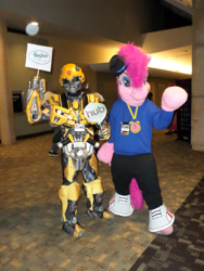 Size: 1944x2592 | Tagged: safe, pinkie pie, bronycon, bumblebee, fursuit, hubble, irl, photo, rapper pie, transformers