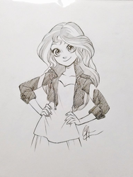 Size: 768x1024 | Tagged: safe, artist:chihirohowe, sunset shimmer, equestria girls, cute, female, grayscale, hand on hip, looking at you, monochrome, pencil drawing, shimmerbetes, simple background, solo, traditional art, white background