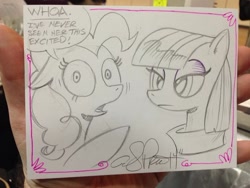 Size: 600x450 | Tagged: safe, artist:andypriceart, maud pie, pinkie pie, earth pony, pony, dialogue, lidded eyes, open mouth, shaking, signature, speech bubble, traditional art, wide eyes