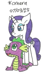 Size: 441x745 | Tagged: safe, artist:cmara, rarity, spike, dragon, pony, unicorn, female, horn, male, mare, traditional art