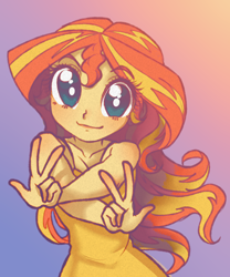 Size: 998x1198 | Tagged: safe, artist:rileyav, sunset shimmer, equestria girls, anime, anime eyes, beautiful, clothes, crossed arms, cute, dress, hnnng, looking at you, peace sign, shimmerbetes, smiling, solo, sundress