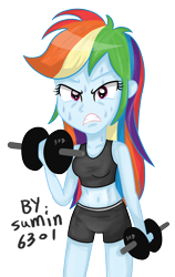 Size: 1172x1855 | Tagged: safe, artist:sumin6301, derpibooru import, rainbow dash, equestria girls, belly button, clothes, midriff, simple background, solo, sports bra, sports shorts, transparent background, vector, weight lifting