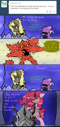 Size: 950x2000 | Tagged: safe, artist:ichibangravity, king sombra, pinkie pie, oc, earth pony, pony, unicorn, ask king sombra pie, monster, party cannon, rae mix, triste savoir, tumblr