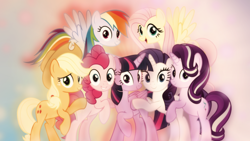 Size: 1600x900 | Tagged: safe, artist:jhayarr23, artist:sailortrekkie92, edit, applejack, fluttershy, pinkie pie, rainbow dash, rarity, starlight glimmer, twilight sparkle, twilight sparkle (alicorn), alicorn, earth pony, pegasus, pony, unicorn, the mean 6, cowboy hat, female, flying, hat, looking at you, mane six, mare, smiling, wallpaper, wallpaper edit