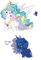 Size: 1013x1463 | Tagged: safe, artist:soft-arthropod, derpy hooves, princess celestia, princess luna, alicorn, pegasus, pony, comic, derpyluna daily, female, lesbian, lunaderp, mare, shipping, sweat, this will end in embarrassment, vulgar, wide eyes