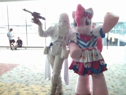 Size: 960x720 | Tagged: artist needed, safe, artist:farondk, pinkie pie, 2014, bronycon, clothes, convention, cosplay, crossover, dress, fursuit, gala dress, irl, photo, snowtrooper, star wars