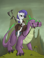 Size: 1900x2500 | Tagged: safe, artist:php49, derpibooru exclusive, rarity, spike, dragon, pony, unicorn, axe, barbarian, battle axe, female, hoof hold, male, mare, older, older spike, ponies riding dragons, saddle, serious, serious face, tack, weapon