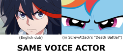 Size: 1403x594 | Tagged: safe, artist:ocarina0ftimelord, derpibooru import, rainbow dash, pegasus, pony, close-up, death battle, erica mendez, exploitable meme, kill la kill, meme, ryuko matoi, same voice actor