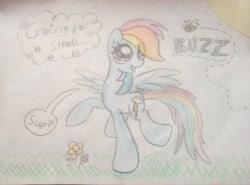 Size: 2068x1534 | Tagged: safe, derpibooru import, rainbow dash, bee, pegasus, pony, cloud, cute, flower, sun, traditional art