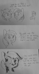 Size: 1280x2403 | Tagged: safe, artist:tjpones, bon bon, derpy hooves, lyra heartstrings, sweetie drops, earth pony, pegasus, pony, unicorn, comic, derp, dialogue, friedrich nietzsche, grayscale, lineart, monochrome, philosophy, pointing, simple background, traditional art