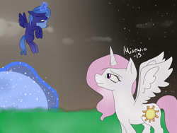 Size: 1400x1050 | Tagged: safe, artist:misewio, princess celestia, princess luna, alicorn, pony, cewestia, filly, flying, magic, moon, moonrise, spread wings, woona