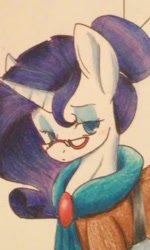 Size: 692x1153 | Tagged: safe, artist:renillavanilla, rarity, pony, unicorn, bedroom eyes, clothes, glasses, hair bun, photo, solo, traditional art