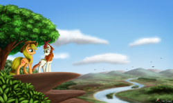 Size: 4535x2696 | Tagged: safe, artist:pony-stark, derpibooru import, applejack, autumn blaze, earth pony, kirin, pony, sounds of silence, female, scene interpretation, scenery