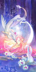 Size: 570x1140 | Tagged: safe, artist:blix-it, artist:storyofthedoor, angel bunny, discord, fluttershy, draconequus, pegasus, pony, rabbit, animal, color porn, discoshy, female, flower, lilypad, male, moon, shipping, stars, straight, surreal, tangible heavenly object, traditional art, water, watercolor painting, watercolour