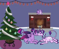 Size: 1954x1599 | Tagged: safe, artist:misskanabelle, starlight glimmer, twilight sparkle, twilight sparkle (alicorn), alicorn, pony, unicorn, blushing, christmas, christmas tree, doll, female, holiday, lesbian, looking at each other, lying down, mistletoe, shipping, smooch, toy, tree, twistarlight