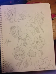 Size: 960x1280 | Tagged: safe, artist:gopherfrog, derpibooru import, applejack, fluttershy, gummy, pinkie pie, rainbow dash, twilight sparkle, oc, oc:coggler, oc:gopherfrog, oc:melody, earth pony, pegasus, pony, rabbit, doodle, monochrome, open mouth, pencil, pencil drawing, scared, sketch, smiling, traditional art, worried