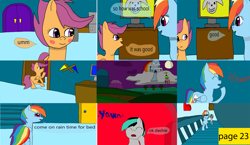 Size: 3648x2112 | Tagged: safe, artist:mellowbomb, derpibooru import, rainbow dash, scootaloo, oc, oc:closingrain, pegasus, pony, comic:calamity fateful, 1000 hours in ms paint, dialogue