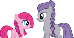 Size: 1024x535 | Tagged: safe, artist:archerinblue, maud pie, pinkie pie, earth pony, pony, alternate hairstyle, anna, braid, crossover, elsa, eye contact, frown, frozen (movie), simple background, transparent background, vector