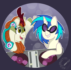 Size: 2686x2634 | Tagged: safe, artist:redpalette, autumn blaze, dj pon-3, vinyl scratch, kirin, pony, unicorn, sounds of silence, cute