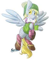 Size: 3000x3500 | Tagged: safe, artist:fluffyxai, derpy hooves, pony, blushing, clothes, flying, hat, letter, mailbag, mouth hold, scarf, simple background, socks, solo, striped socks, sweater, white background