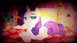 Size: 1920x1080 | Tagged: safe, artist:barrfind, artist:theholdenb12, artist:zutheskunk edits, rarity, pony, unicorn, bed, bedroom, bedroom eyes, flower, lying down, vector, wallpaper