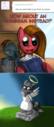 Size: 600x1414 | Tagged: safe, artist:geneticanomaly, derpibooru import, rainbow dash, oc, oc:pun, pegasus, pony, raccoon, anagram, ask, ask pun, book, female, mare