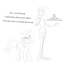 Size: 1280x1280 | Tagged: safe, artist:lil miss jay, rarity, pony, unicorn, crossover, dialogue, diamond and pearl, female, lineart, mare, monochrome, pearl (steven universe), simple background, sketch, skinny, steven universe