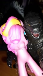 Size: 581x1032 | Tagged: safe, pinkie pie, kaiju, crossover, godzilla, godzilla (series), godzilla 2014, irl, magazine figure, neca, photo, rainbow power, toy