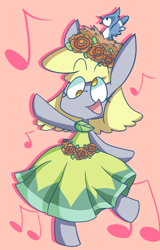 Size: 1228x1920 | Tagged: safe, artist:typhwosion, derpy hooves, anthro, bird, big ears, cute, dancing, solo