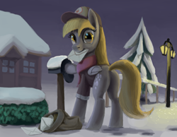 Size: 2346x1816 | Tagged: safe, artist:odooee, derpy hooves, pony, cap, clothes, female, hat, lamppost, letter, looking back, mailbag, mailbox, mailmare, mouth hold, night, plot, scarf, shirt, snow, solo, winter