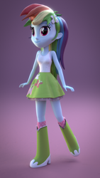 Size: 1080x1920 | Tagged: safe, artist:3d thread, artist:creatorofpony, derpibooru import, fluttershy, rainbow dash, equestria girls, /mlp/, 3d, 3d model, blender, boots, clothes, clothes swap, hairclip, hilarious in hindsight, rainbow dash always dresses in style, skirt, smiling, solo, tanktop