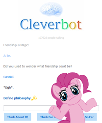 Size: 414x498 | Tagged: safe, pinkie pie, earth pony, pony, castiel, cleverbot, fail, meme, philosophy, supernatural, text