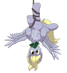 Size: 1024x1125 | Tagged: safe, artist:reptilianbirds, derpy hooves, pegasus, pony, belly button, bill, female, looking at you, mare, mouth hold, rope, simple background, solo, spread wings, transparent background, trap (device), upside down, watermark