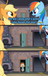 Size: 643x1024 | Tagged: safe, derpibooru import, applejack, rainbow dash, earth pony, pegasus, pony, the cutie map, elmyra, impending doom, meme, oh crap, run, that door, this will end in tears, this will not end well, tiny toon adventures, xk-class end-of-the-world scenario