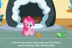 Size: 960x640 | Tagged: safe, edit, edited screencap, screencap, gummy, pinkie pie, earth pony, pony, party of one, app, caption, official