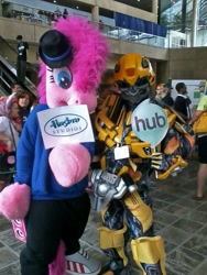 Size: 720x960 | Tagged: safe, pinkie pie, bronycon, bumblebee, cosplay, hasbro, irl, photo, rapper pie, the hub, transformers