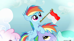 Size: 1280x720 | Tagged: safe, derpibooru import, edit, edited screencap, screencap, rainbow blaze, rainbow dash, pegasus, pony, games ponies play, cloud, cute, flag, happy indonesian independence day, indonesia, mouth hold, mouthpiece, ponies riding ponies