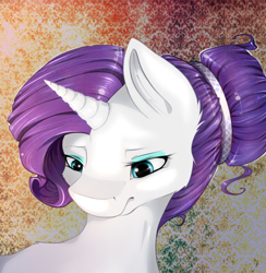 Size: 780x800 | Tagged: safe, artist:dotteddemon, rarity, pony, unicorn, alternate hairstyle, bust, hair bun, hairband, portrait, solo